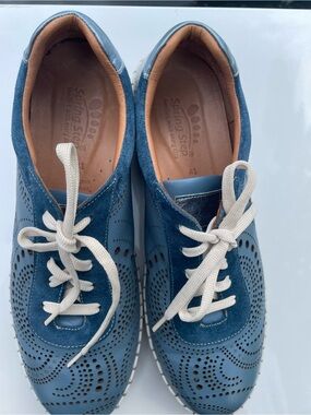 Spring Step Blue Perforated Leather Lace-Up Oxfords with Cream Laces